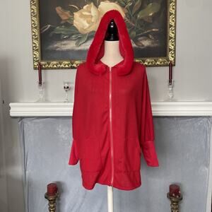 Red Faux Fur Hood Full Zip Lounge Lightweight Sweater Medium Relaxed